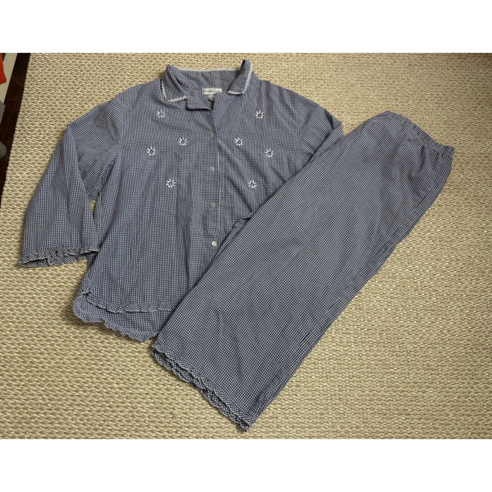 Miss Elaine Pajama Set Womens Large Blue Gingham Daisy Embroidered Ruffle Trim
